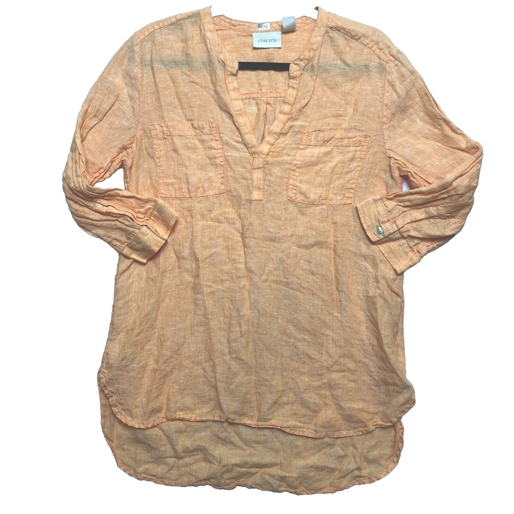 Chico's Blouse Womens 1 Orange 3/4 Sleeve Linen V-Neck Top